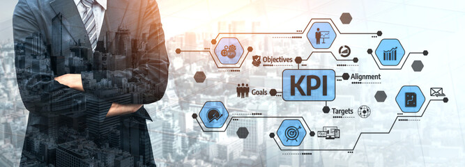 A businessman in a formal suit stands confidently against a cityscape backdrop, showcasing KPI metrics with icons representing various business concepts and analytics. Tessel