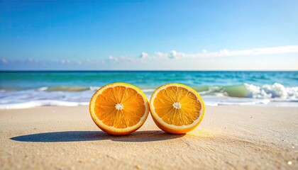 Two Halved Ripe Oranges Sit on a Sandy Beach with Turquoise Ocean Waves in the Background Under a Bright Blue Sky