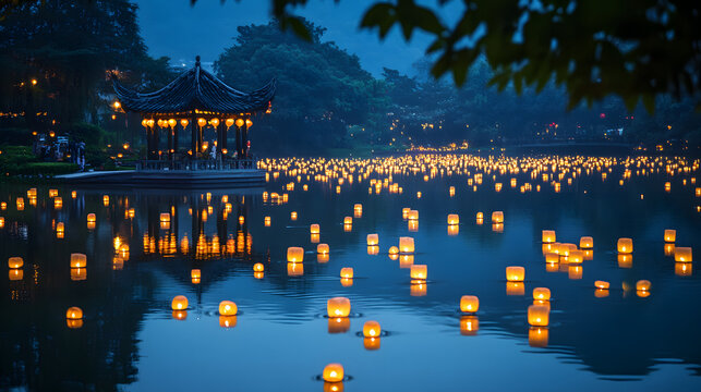 Floating lanterns illuminate a tranquil lake at night, reflecting on the waters surface, with a traditional chinese pavilion in the background