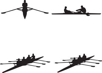 Rowing Boat Silhouettes Showing Single Scull Pair Scull and Four Person Crew with OarsExtended Description: A collection of four black silhouettes depicting rowing also transparent background