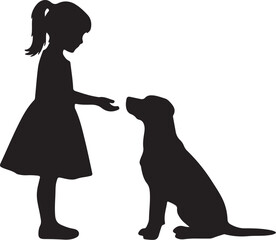 Obraz premium Silhouette of a Young Girl Offering a Treat to a Sitting Dog child puppy also transparent background