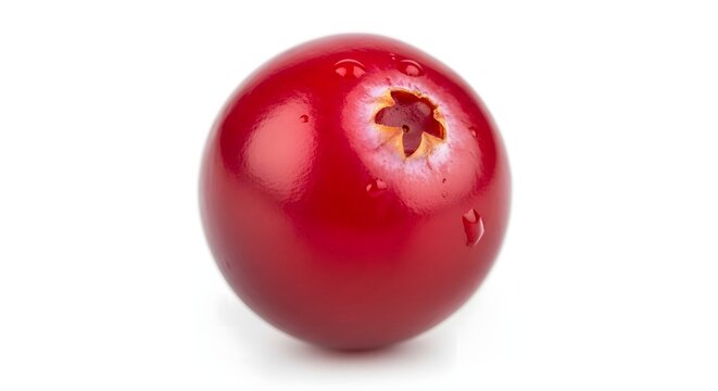 Single ripe cranberry with water droplets on a clean white background