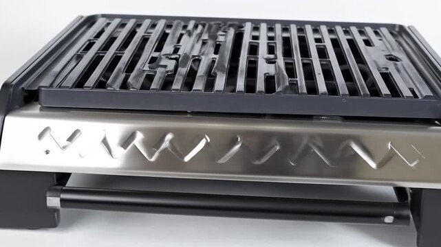 A close-up view of a metal and black electric grill with a zig-zag design