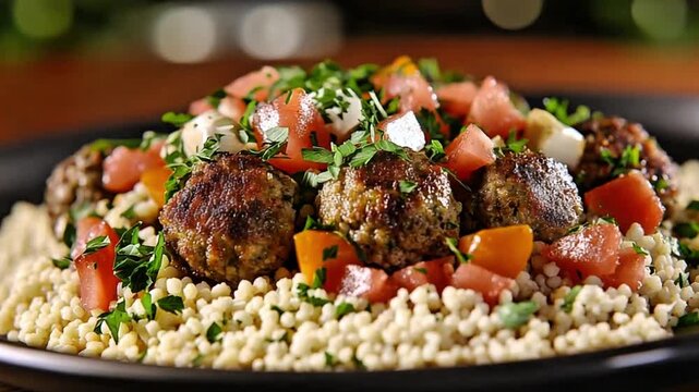 Hearty Mediterranean Meatballs with Pearl Couscous Fresh Tomatoes and Herbs served on a Black Plate