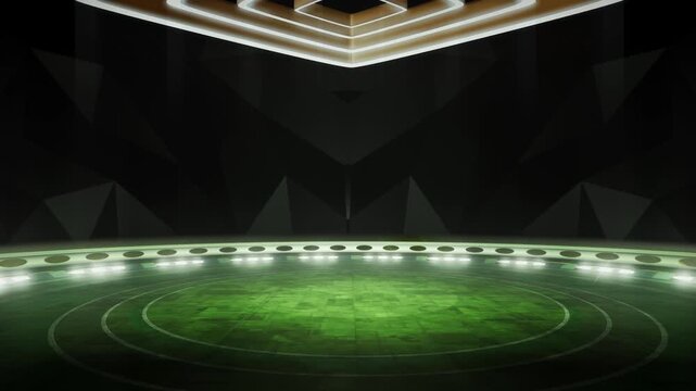 Mysterious and dark, virtual studio background. CG animated video loop backdrop, ideal for news tv shows or events. suitable on VR tracking system stage sets, with green screen