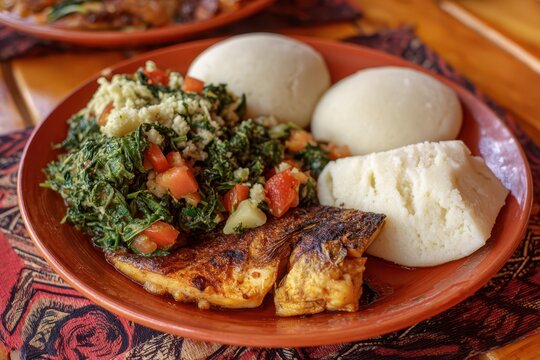 Close-Up of Traditional Tanzanian Ugali Served with Fish and Greens - A Typical Lunch Experience