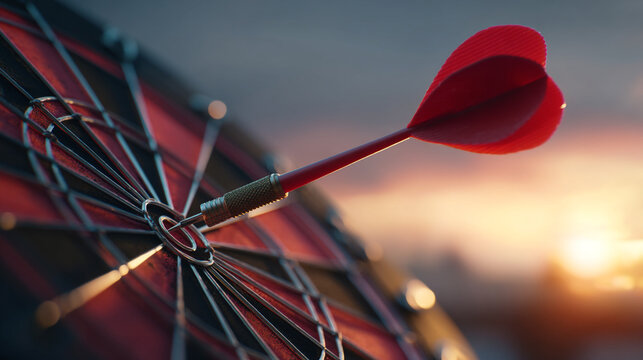 Close up of a dart hitting the bullseye on a dartboard against a blurred sunset background