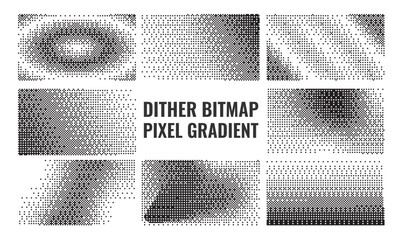dither bitmap halftone texture set, high-contrast pixel editable gradient patterns, black and white retro dot noise backgrounds for graphic design element