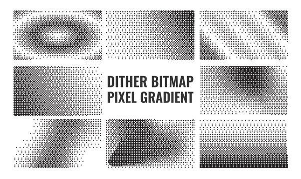 dither bitmap halftone texture set, high-contrast pixel editable gradient patterns, black and white retro dot noise backgrounds for graphic design element