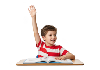 Young boy raising his hand enthusiastically while sitting at a desk with an open book isolated on transparent background