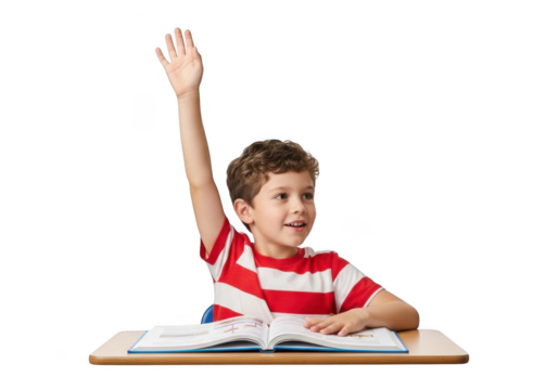 Young boy raising his hand enthusiastically while sitting at a desk with an open book isolated on transparent background