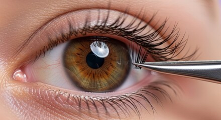 Woman undergoing eyelash extension procedure with tweezers. Beauty treatment concept for eye makeup and enhancement. Cosmetic procedure.