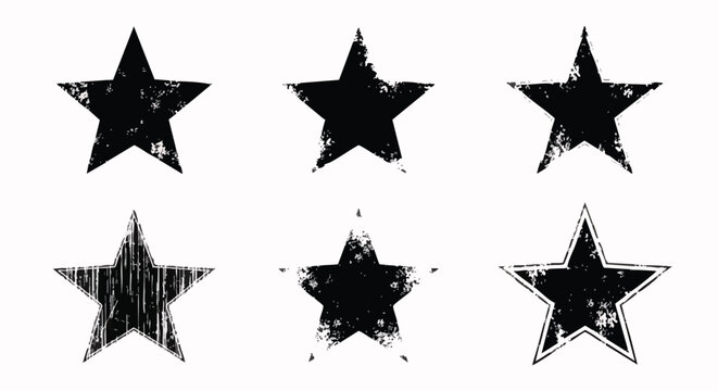Six unique distressed black star shapes with grunge textures, perfect for festive holiday designs, evoking a merry Christmas spirit, perhaps with a tree, deer, or elk.
