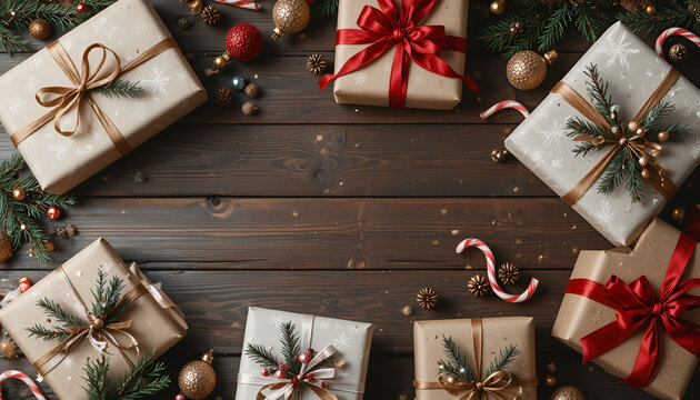 Festive christmas gifts with ornaments and candy canes arranged on a rustic wooden surface background