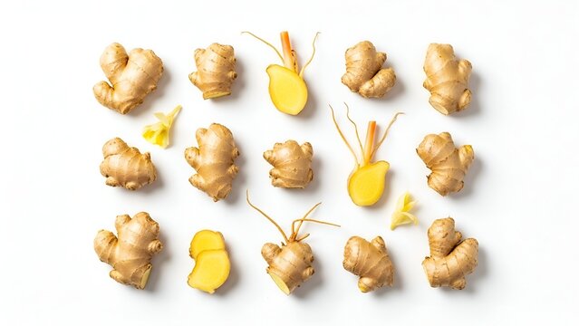 Fresh Yellow Ginger Root with Small Ginger Flowers on White Background - Powered by Adobe