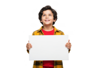 Young boy with curly hair wearing a plaid shirt and red t shirt holds a blank white sign looking up with a happy expression isolated on transparent background