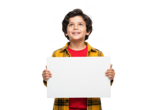 Young boy with curly hair wearing a plaid shirt and red t shirt holds a blank white sign looking up with a happy expression isolated on transparent background