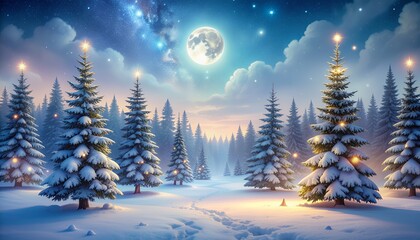 Magical winter wonderland with snow covered Christmas trees under a full moon perfect for holiday cards and festive backgrounds