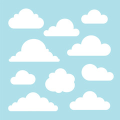 set of cartoon flat design of clouds on blue background