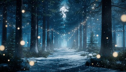 Enchanting winter forest scene with snow-covered path and festive string lights, perfect for holiday greetings or creating a magical, serene atmosphere