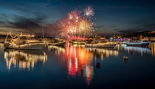 Festive fireworks light up night sky over tranquil harbor with illuminated boats creating a magical celebration atmosphere perfect for coastal living ads
