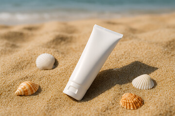 Blank white cosmetic tube mock-up on sand surrounded by seashells with blurred ocean background perfect for sunscreen cream advertisement beach summer vacation mockup