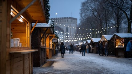 Snowy Christmas market with wooden stalls and string lights on winter evening
