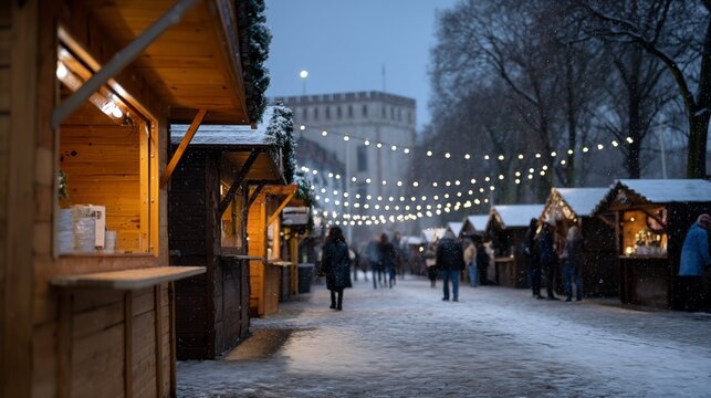 Snowy Christmas market with wooden stalls and string lights on winter evening - Powered by Adobe