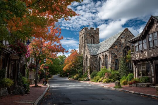 Charming Autumn Morning in Framingham Massachusetts: A Historical Town Surrounded by Lush Nature and Blue Skies