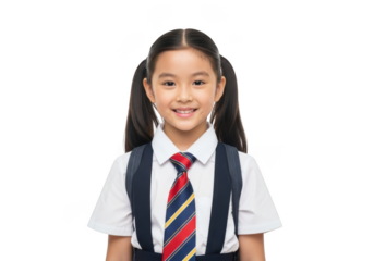 Young asian schoolgirl with pigtails wearing a uniform and backpack smiling happily isolated on transparent background