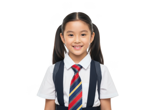 Young asian schoolgirl with pigtails wearing a uniform and backpack smiling happily isolated on transparent background - Powered by Adobe