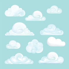 Children’s illustrations, fantasy art, dreamy sky, and weather-themed design vector. Watercolor clouds set