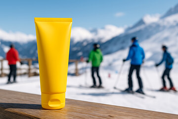 Bright yellow sunscreen or moisturizer tube mock-up on a wooden ledge with blurred skiers and snowy mountains in the background for winter skincare advertising mockup