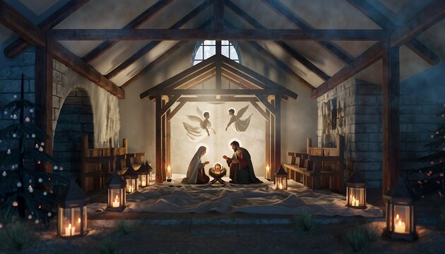 Experience the serenity of the Nativity scene with Mary, Joseph, and baby Jesus under the watchful gaze of angels, a symbol of hope and peace this Christmas