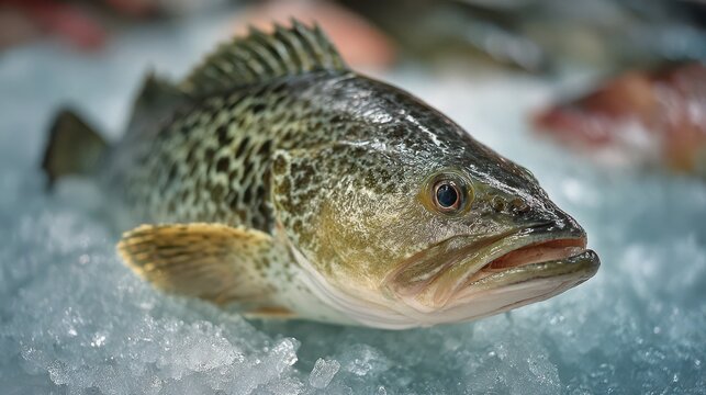 Frosty Fresh Murray Cod (Maccullochella peelii) Displayed on Ice at Market - A Closeup of Epicurean Delights from Australia's Aquatic Treasures