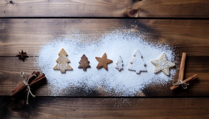 Festive Christmas cookies and cinnamon sticks sprinkled with snow on rustic wooden background, perfect for holiday baking promotions and seasonal greetings