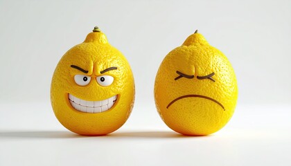 Two Yellow Lemons With Cartoon Faces Showing Different Emotions One Grinning Evil With White Teeth The Other Frowning Sad On A White Background With Studio Lighting