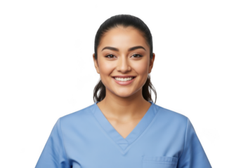 Smiling healthcare professional wearing light blue scrubs a friendly and approachable medical assistant isolated on transparent background