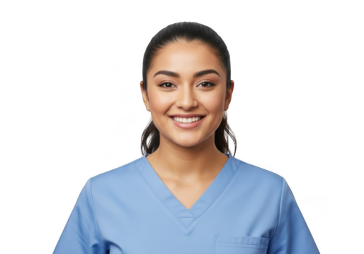 Smiling healthcare professional wearing light blue scrubs a friendly and approachable medical assistant isolated on transparent background