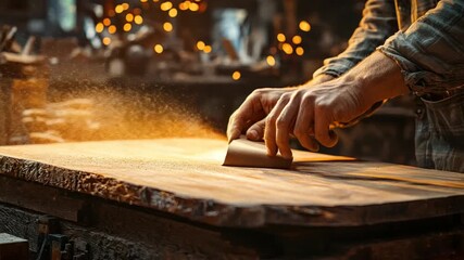 Woodworker sanding a large slab of wood - Powered by Adobe