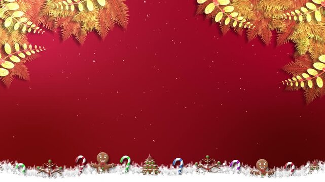 A deep red holiday background with gently falling snow. Decorative borders of golden pine and sweet treats frame the scene.