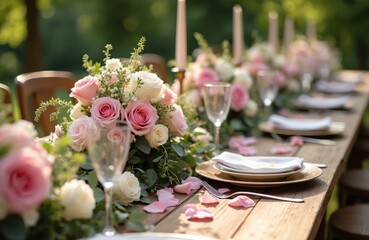 Wooden reception table set outdoors with pink roses, green plants. Elegant wedding design features tableware glassware candles on rustic wood surface. Summer celebration backdrop creates romantic