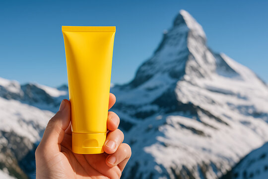 A hand holding a bright yellow cosmetic tube mockup against a clear blue sky and snow-covered high mountain peak, emphasizing sun protection for high-altitude activities mockup