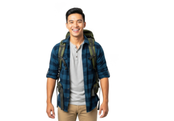 Young man wearing a plaid shirt and carrying a backpack smiling confidently isolated on transparent background
