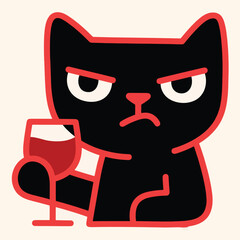 Cartoon vector of stern black cat with red outline holding glass of red wine. Minimalist and expressive design ideal for humor, personality art, lifestyle themes, and quirky animal illustrations.
