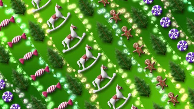 A diagonal repeating pattern of bright festive elements like treats, gingerbread cookies, and small pine trees covers the entire background.