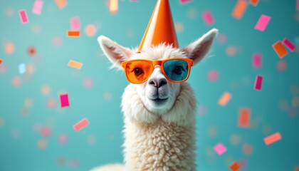 Festive white llama wears orange party hat and colorful glasses. Confetti falls around the smiling animal. Fun llama celebrates birthday or party event, pure joy and happiness.