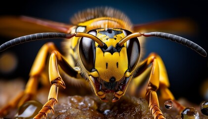 a striking macro shot showcasing the intricate details of a yellow jacket wasp in stunning clarity