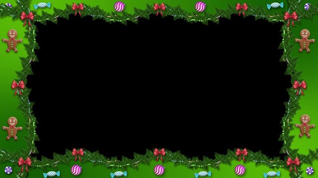 A cheerful, detailed green garland decorated with red bows and scattered holiday candies forms a rich border for the screen.