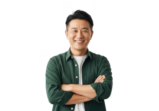 Smiling asian man with arms crossed wearing a green collared shirt and white t shirt isolated on transparent background